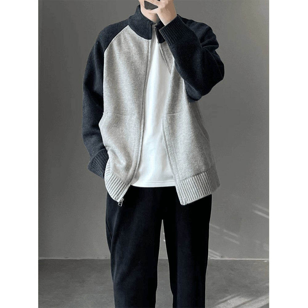 拼接撞色拉链毛衣开衫针织衫外套