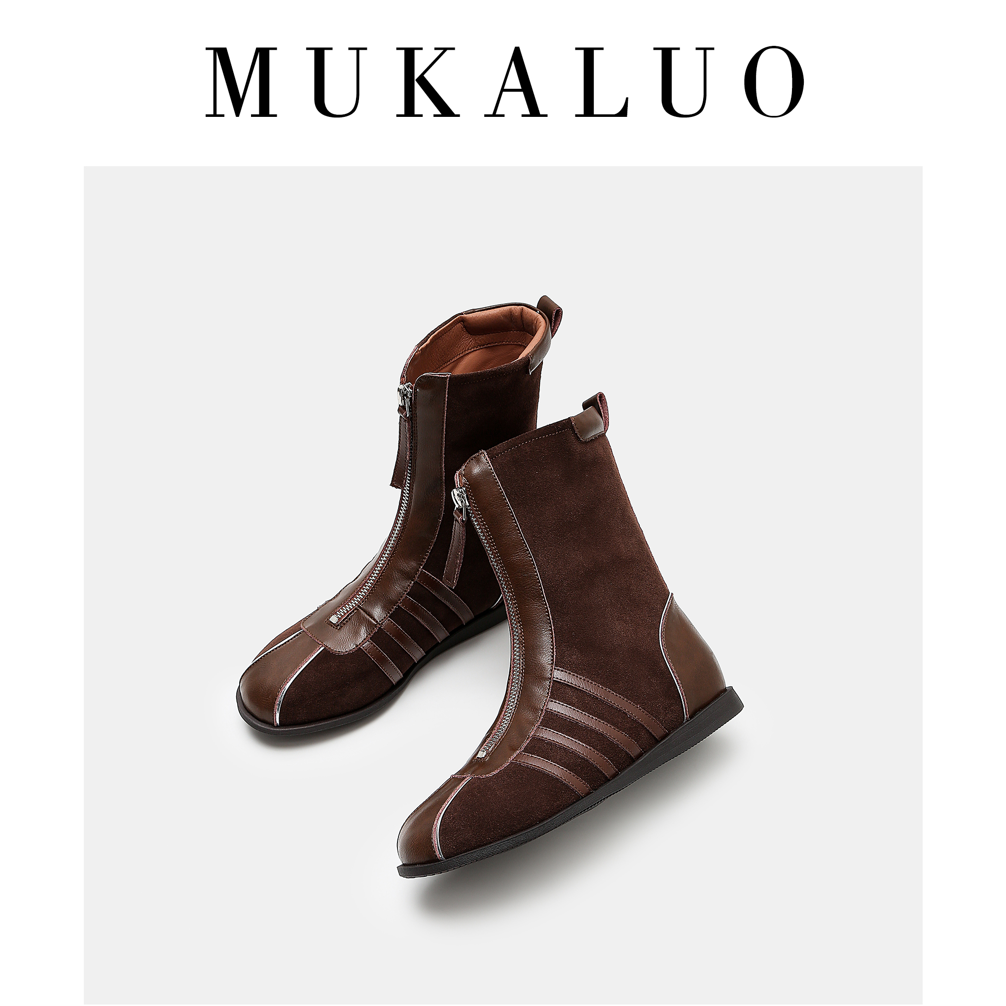 棕色前拉链平底短靴女真皮时装靴