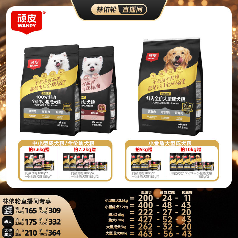 【直播间推荐】Wanpy顽皮小金盾100%鲜肉中小型成犬幼犬狗粮1.8kg图片