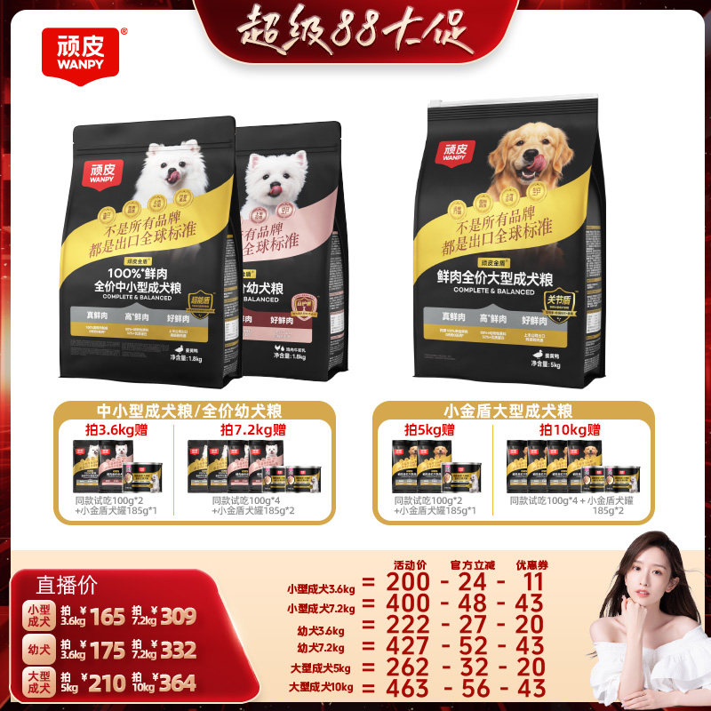 【晁然推荐】Wanpy顽皮小金盾100%鲜肉中小型成犬幼犬狗粮1.8kg图片