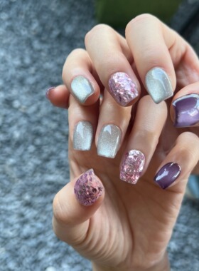 HESASA|新款方形短款紫色猫眼亮片显手长美甲爆闪纯手工穿戴甲