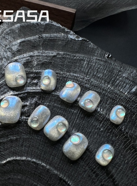 HESASA|薄荷曼波ins小清新夏日立体玻璃极光猫眼短圆纯手工穿戴甲