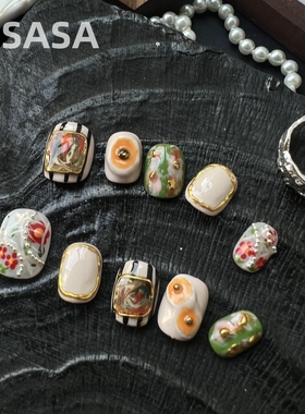 HESASA油画高级感手绘美甲【伯爵夫人】立体短款纯手工穿戴甲定制