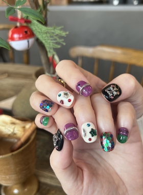HESASA|紫色系撞色亮片复古短款美甲【欢乐颂】新年纯手工穿戴甲