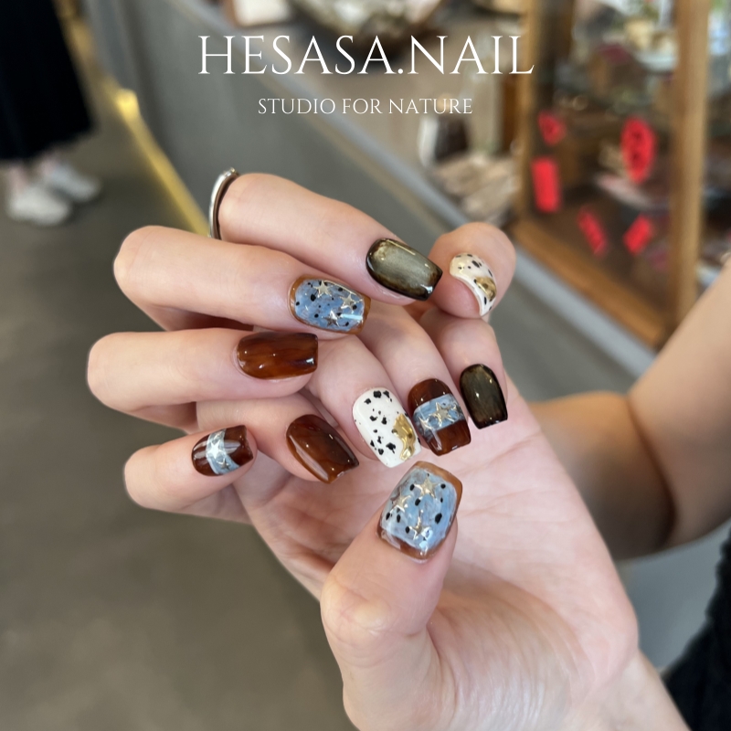HESASA|小众设计师短款纯手绘深秋色显白成品美甲纯手工穿戴甲
