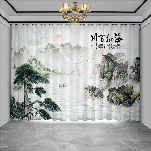 新中式山水风景画窗帘隔断帘落地