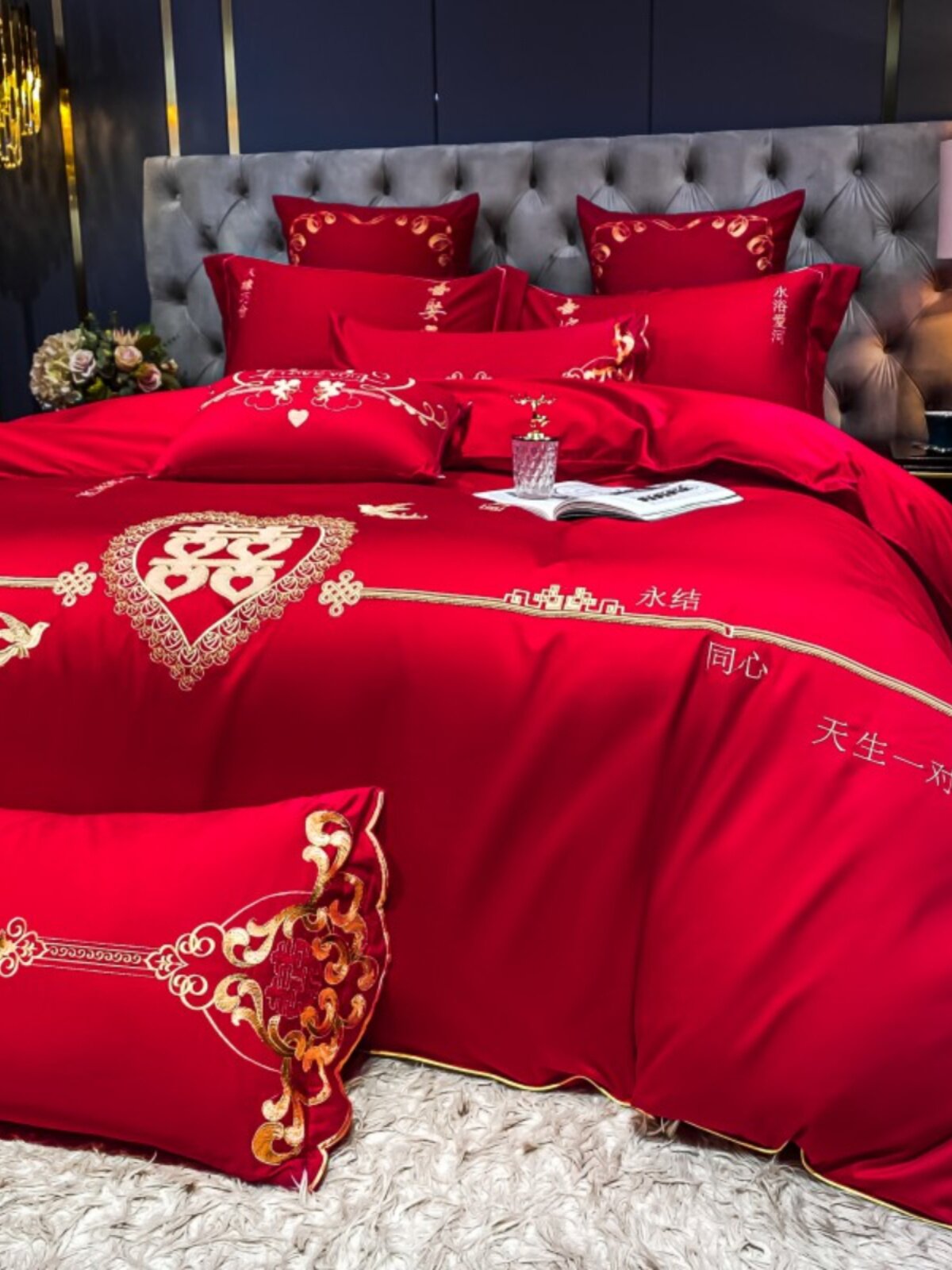 HIGH-END WEDDING BED FOUR-PIECE SET OF 100 COTTON COTTON SHEETS QUILT COVER BAIZITU DRAGON AND PHOENIX EMBROIDERY WEDDING CEREMONY