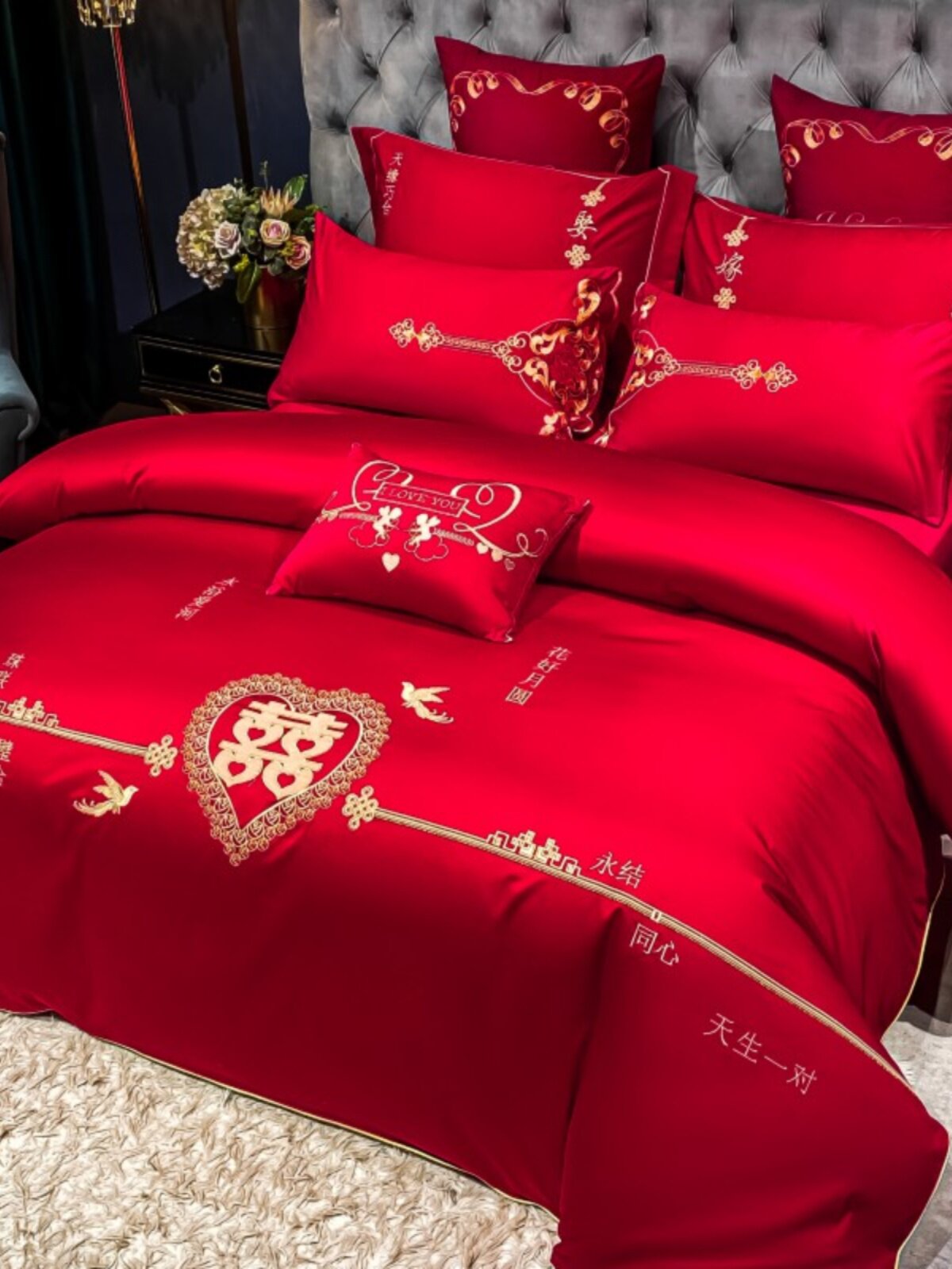 HIGH-END WEDDING BED FOUR-PIECE SET OF 100 COTTON COTTON SHEETS QUILT COVER BAIZITU DRAGON AND PHOENIX EMBROIDERY WEDDING CEREMONY