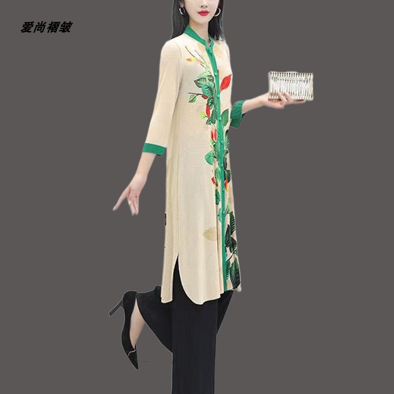 2022秋季新款妈妈褶皱套装大码女装民族风中式气质两件套女连衣裙
