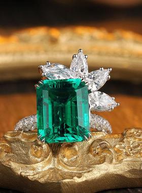 18K金镶嵌培育哥伦比亚祖母绿戒指高级珠宝首饰女款轻奢花朵女戒