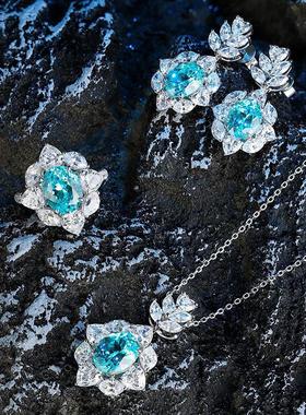 18K金镶嵌椭圆形培育帕拉伊巴蓝宝石项链S925银饰定制椭圆形吊坠