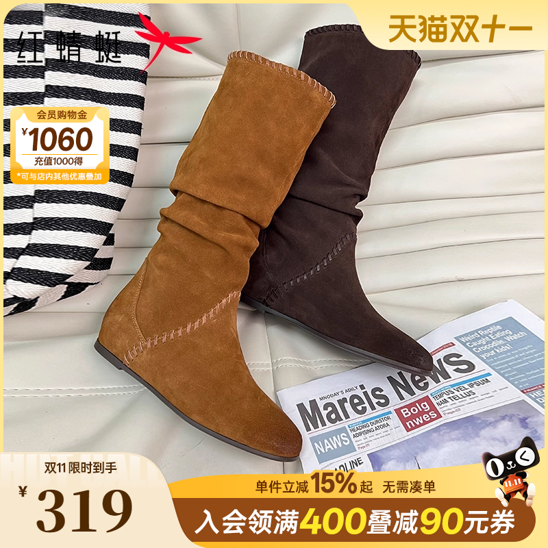 红蜻蜓西部靴2025秋新款女鞋一脚蹬堆堆靴焦糖色旅游靴子长筒靴女