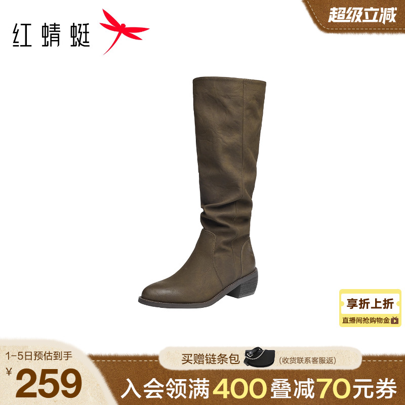 红蜻蜓西部靴2025秋季新款女鞋复古套筒瘦瘦靴通勤尖头堆堆靴子女