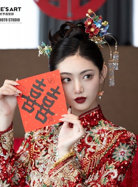 梨子手作 新中式红色掐丝绒花蓝色蝴蝶 新娘结婚礼服跟妆样片高端