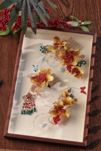 梨子原创设计非遗绒花新娘头饰新中式金色绒花手工制作小众设计感