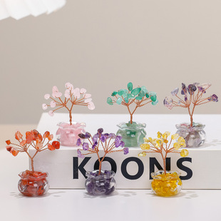 天然黄水晶发财树迷你小摆件红玛瑙办公室工位桌面卡通装饰用品