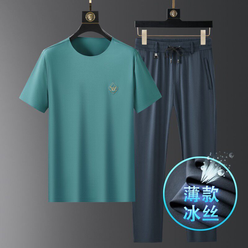 轻奢冰丝短袖T恤套装男士夏季休闲服套装跑步运动裤子两件套跨境