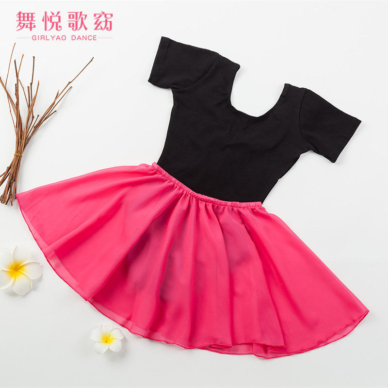 女童夏短袖舞蹈练功服2件套芭蕾舞松紧雪纺纱裙开档形体考级服