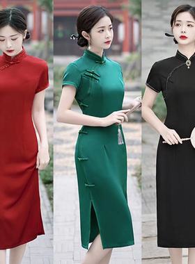 加厚仿丝重工醋酸缎面收腰日常红色黑色绿色修身旗袍裙新娘春夏