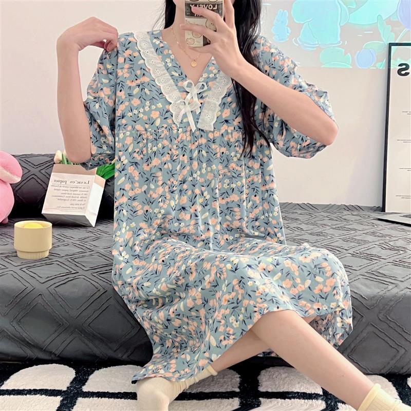 棉绸睡裙女夏季薄款大码睡衣蕾丝边短袖人造棉连衣裙可外穿家居服