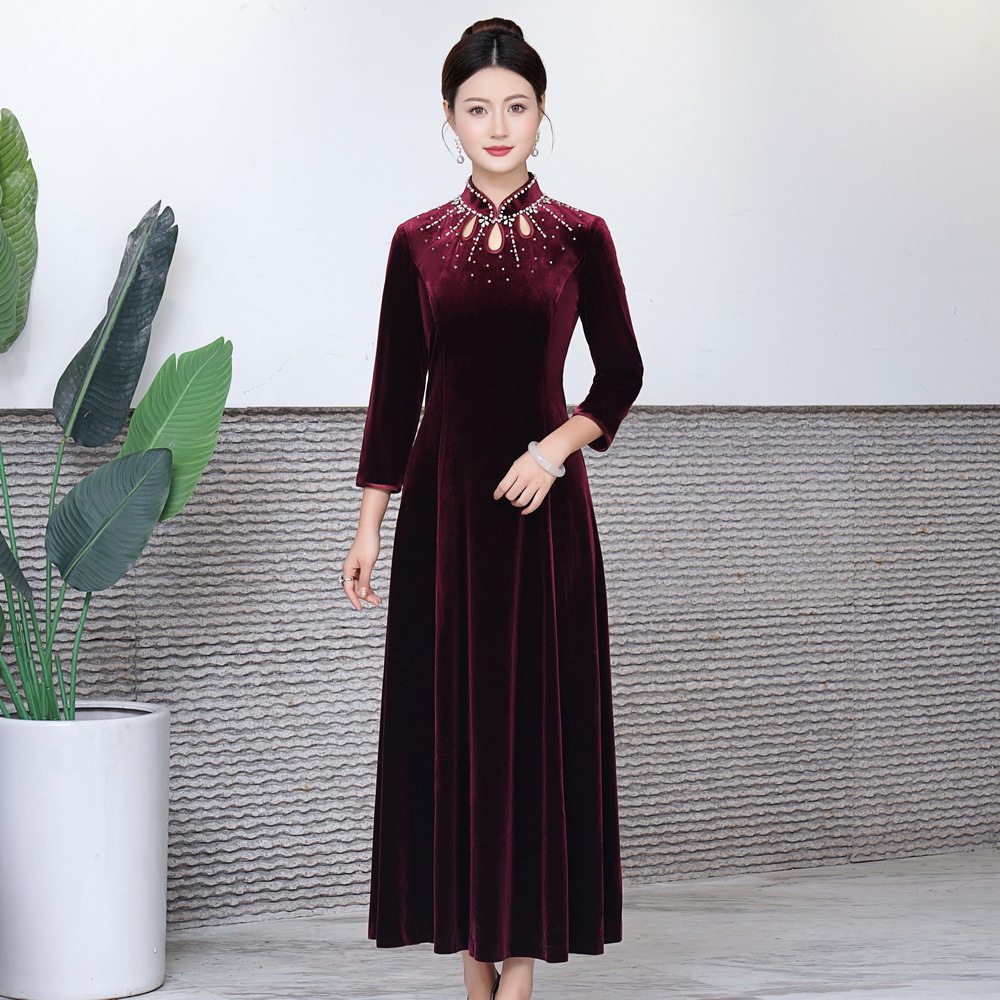 鸿韵绣春秋冬新款改良韩国绒旗袍晏会喜婆婆婚宴高档旗妈妈酒服女