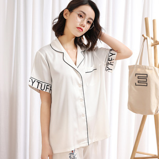 舒适透气夏季缎面雪纺印花短袖短裤睡衣套装现货女士家居服