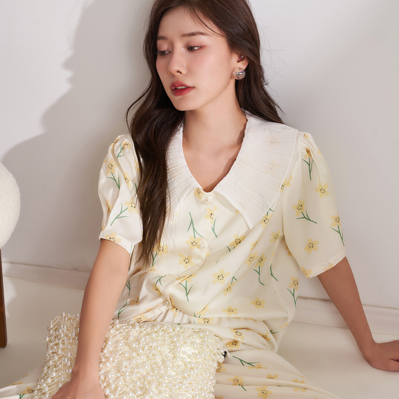 夏季短袖长裤冰丝睡衣女风琴领小雏菊女短袖长裤睡衣套装女家居服