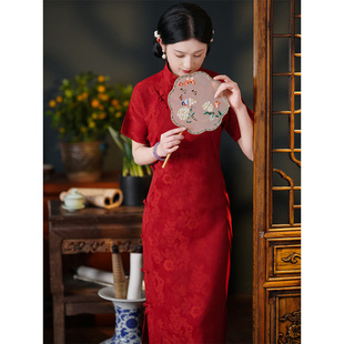 红色旗袍一片式无省民国少女年轻气质全开襟古法传统大学生日常