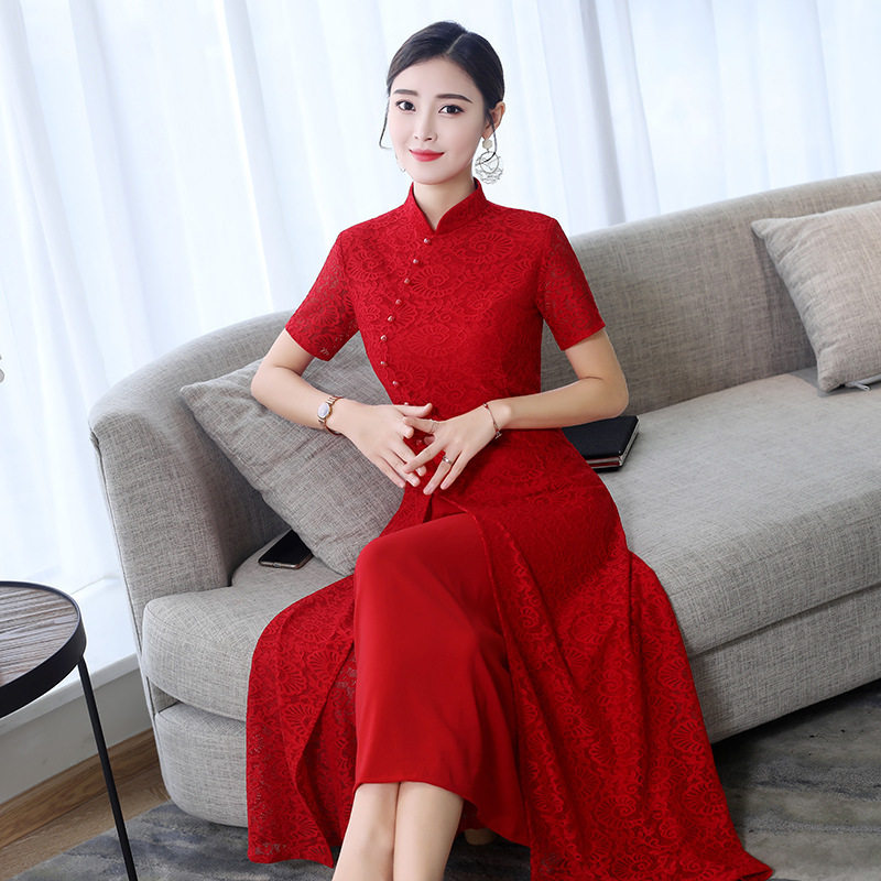 蕾丝旗袍长款2026秋季新款女装连衣裙大码丝绸改良礼服连衣裙年轻