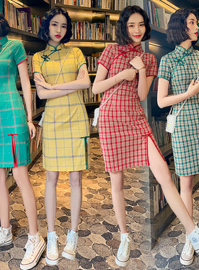 时尚少女风性感格子日常学生旗袍