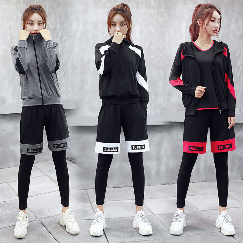 韩国健身服女春秋冬晨跑步健身房运动五件套装修身训练衣瑜伽服