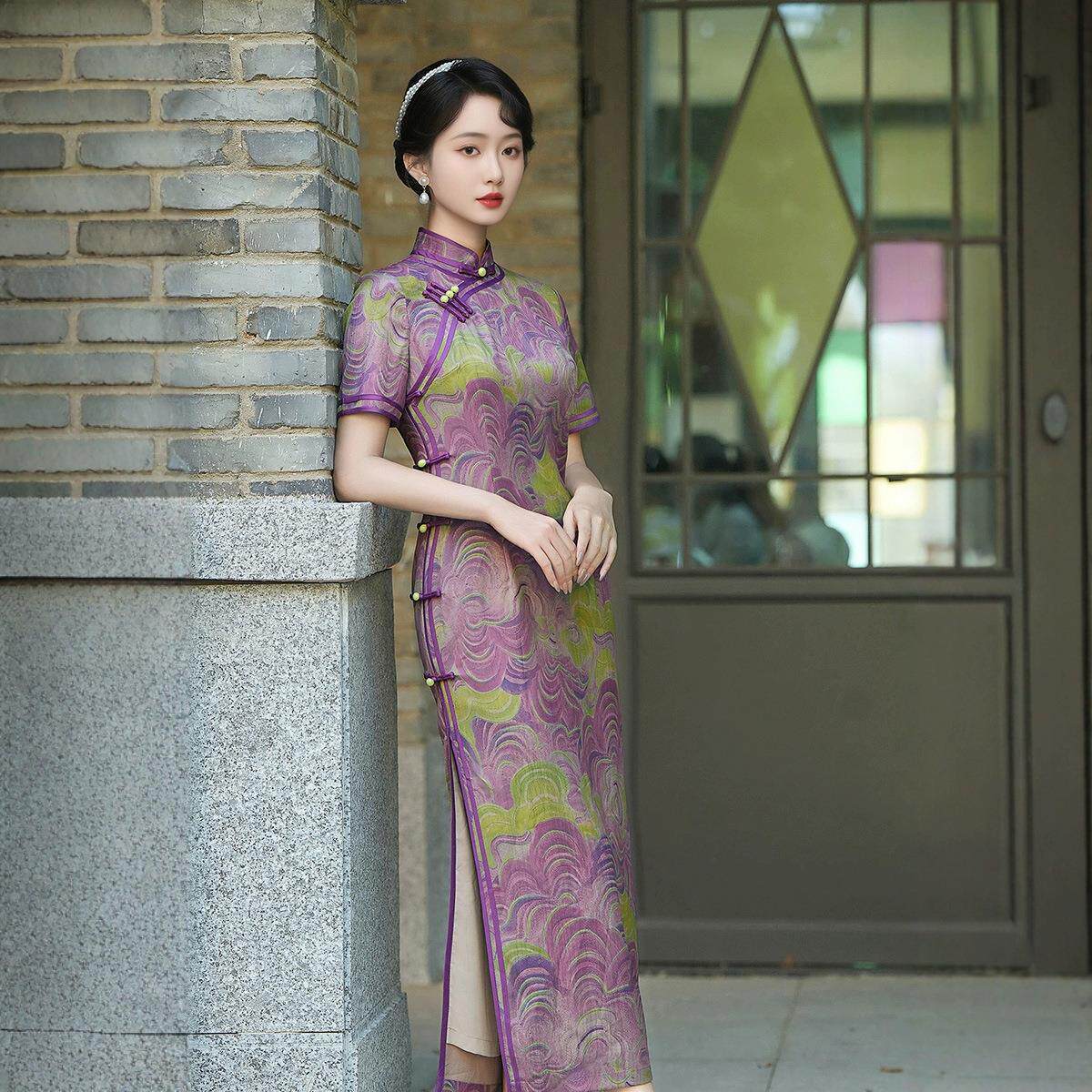 2026春款长款绫罗缎提花旗袍长款日常妈妈高端改良素雅礼服连衣裙