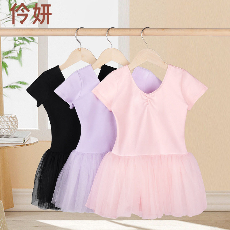 公主裙春夏季短袖儿童舞蹈服网纱女童韩版连衣裙健身运动表演外贸