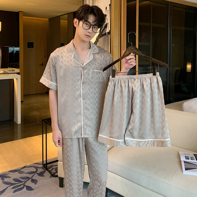 睡衣男士春秋短袖短裤长裤冰丝薄款提花大码三件套家居服套装外贸