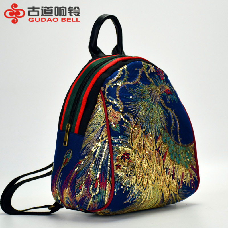 民族风新款绣花包包女包孔雀刺绣帆布双肩包女生可爱迷你小包包