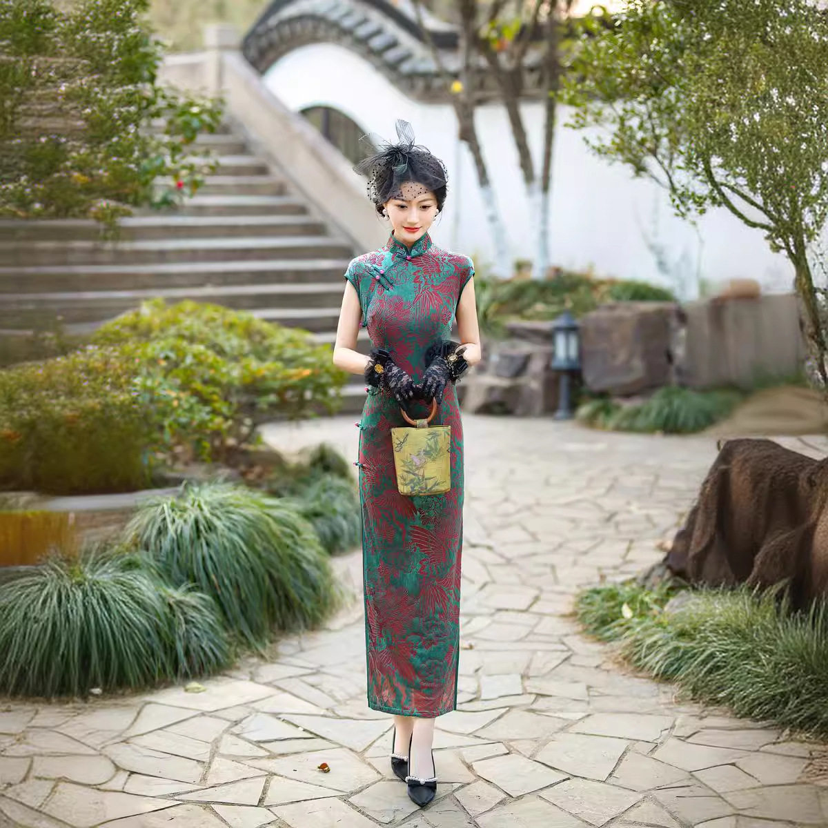 老上海旗袍中年女妈妈洋气年轻日常弹力连衣裙植绒春夏装民国风
