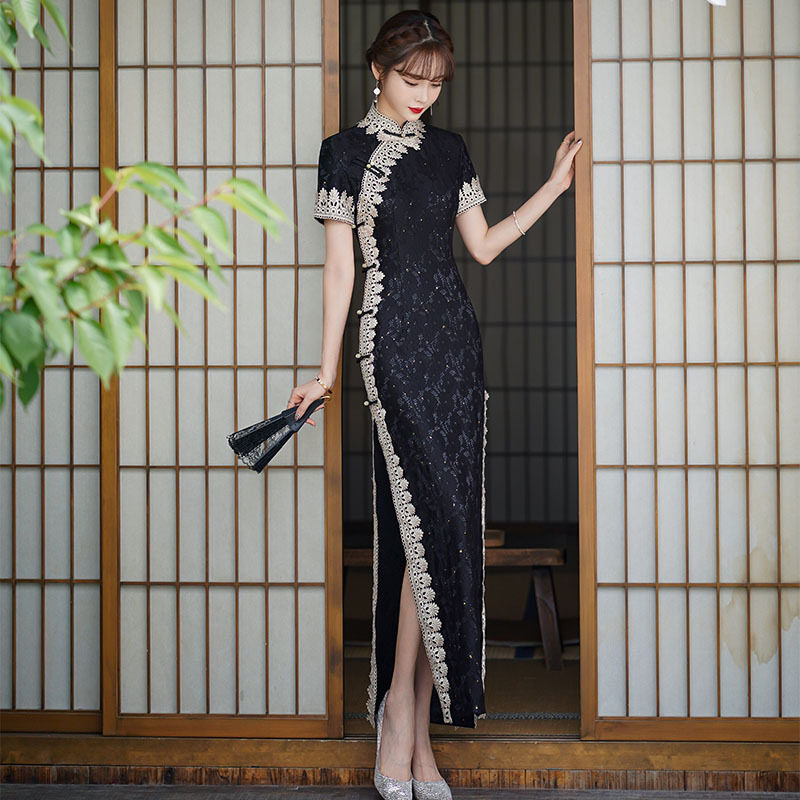 黑色蕾丝长款改良旗袍新款2026年轻款女中国风复古走秀演出服春夏