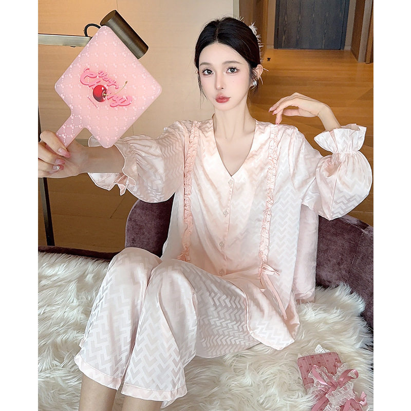 蕾丝边蝴蝶结女士提花睡衣甜美秋冬季丝绸长袖家居服舒适套装外贸