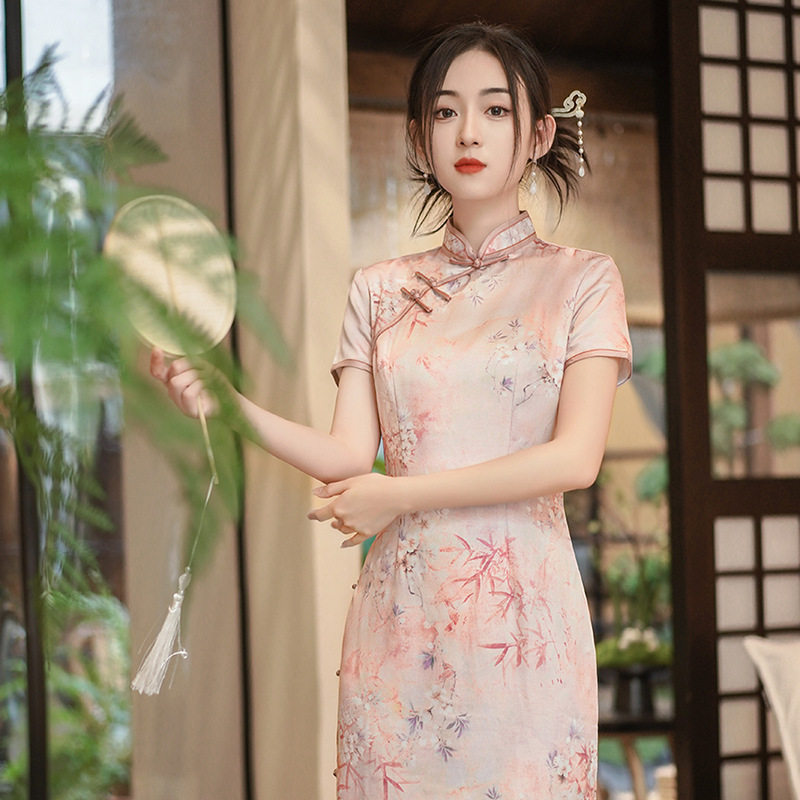 2026国风夏秋新款旗袍长裙绸缎连衣裙复古修身宴会双层演出礼服