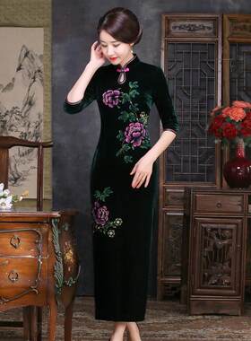丝绒手绘钉珠优雅风修身休闲旗袍