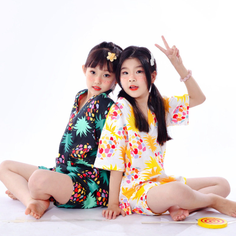 儿童夏季家居服睡衣套装短裤短袖棉汗蒸服浴服男童女童亲子酒店