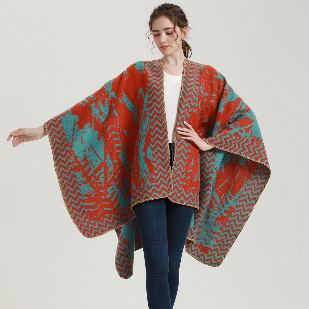 欧美春秋冬新款外贸时尚大披肩加厚加大保暖仿绒开叉披风斗篷女士