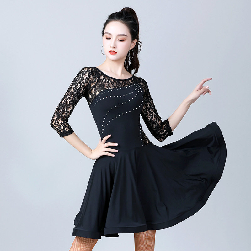 拉丁舞服装女成人新款连衣裙夏季长袖蕾丝舞蹈服演出练功服女运动