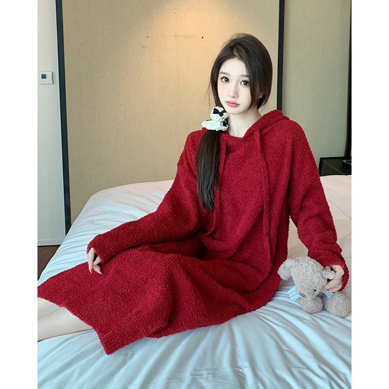 连帽睡裙长款女士慵懒风睡衣秋冬季软绵绵长袖家居服温暖舒适套装