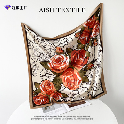 90*90大方巾高级感爆款丝巾女春秋洋气时尚围巾马来卡其花卉头巾