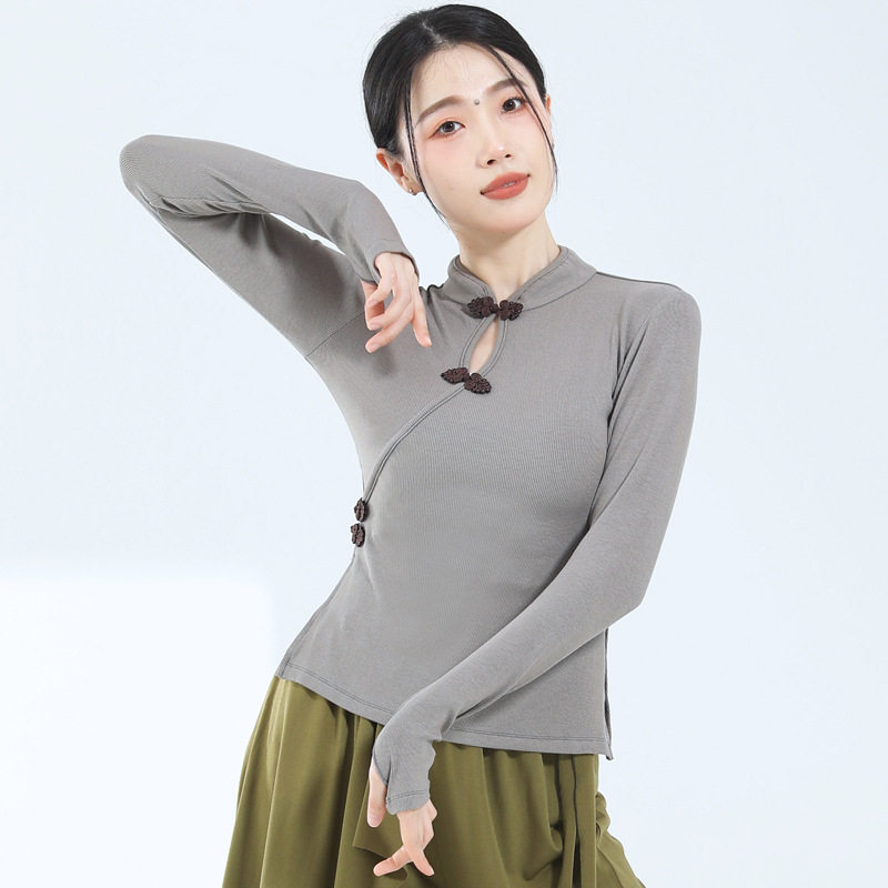 古典舞舞蹈服装时尚镂空上衣盘扣旗袍领长袖练功服修身显瘦形体服