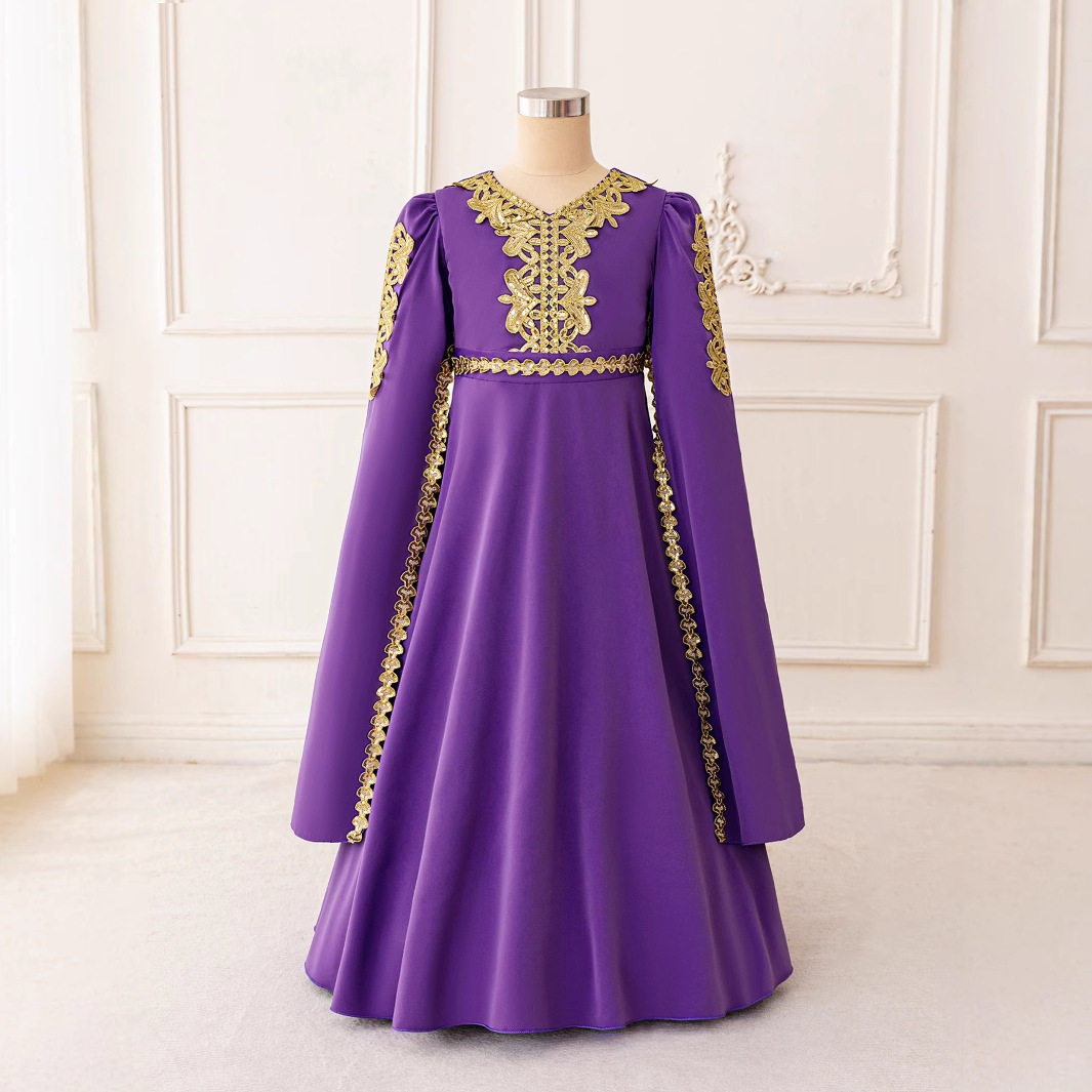 外贸2026新款中东晚礼服长袖蓬蓬长裙子紫色长袍节日演出服女孩