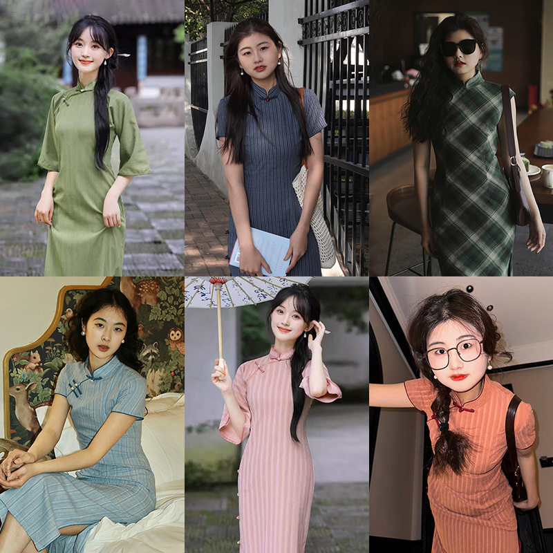 《条纹格子旗袍合集》清新礼服少女文艺复古优雅长款2026春夏新款