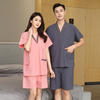 新款女休闲皱麻居家汗蒸服男洗浴中心睡眠衣服情侣套装家居服养生