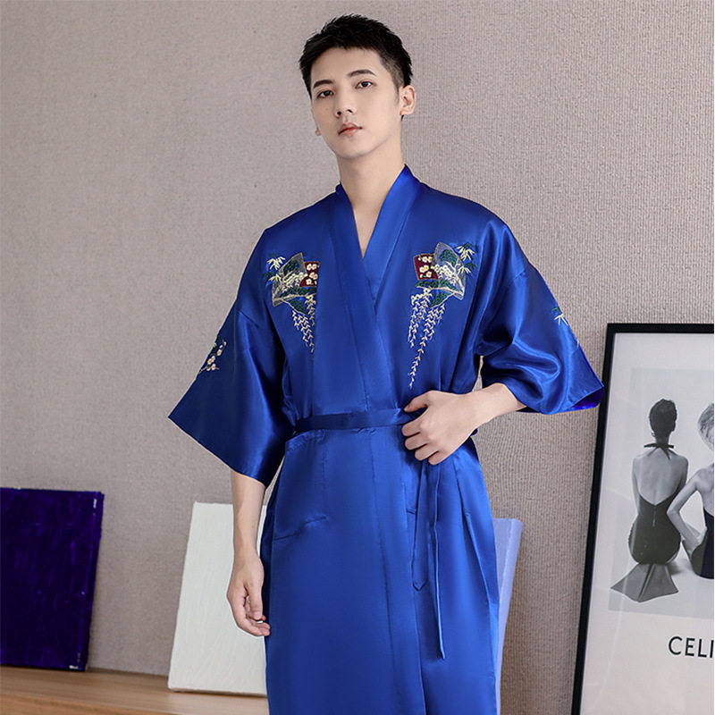2026春季新款男士睡衣浴袍场蓝色中国风绸缎宽松舒适酒店大码爸爸